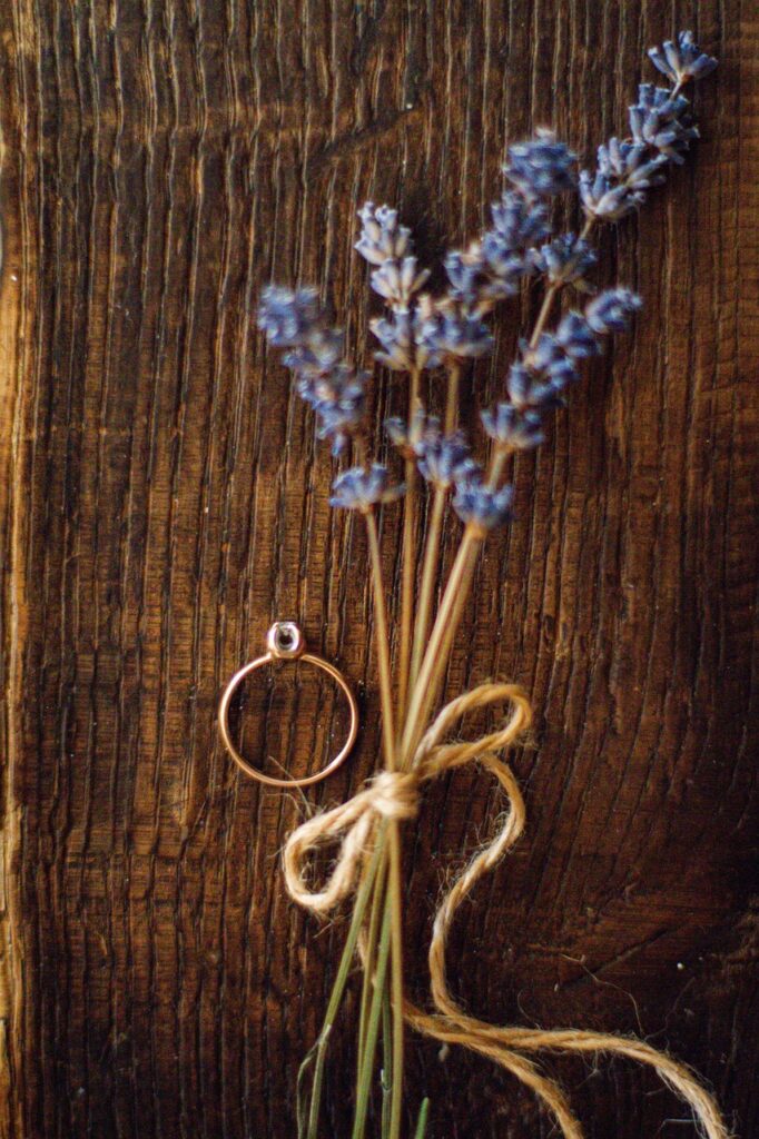 marriage proposal, engagement ring, rustic aesthetic, lavender sprigs, still life, engagement, top view